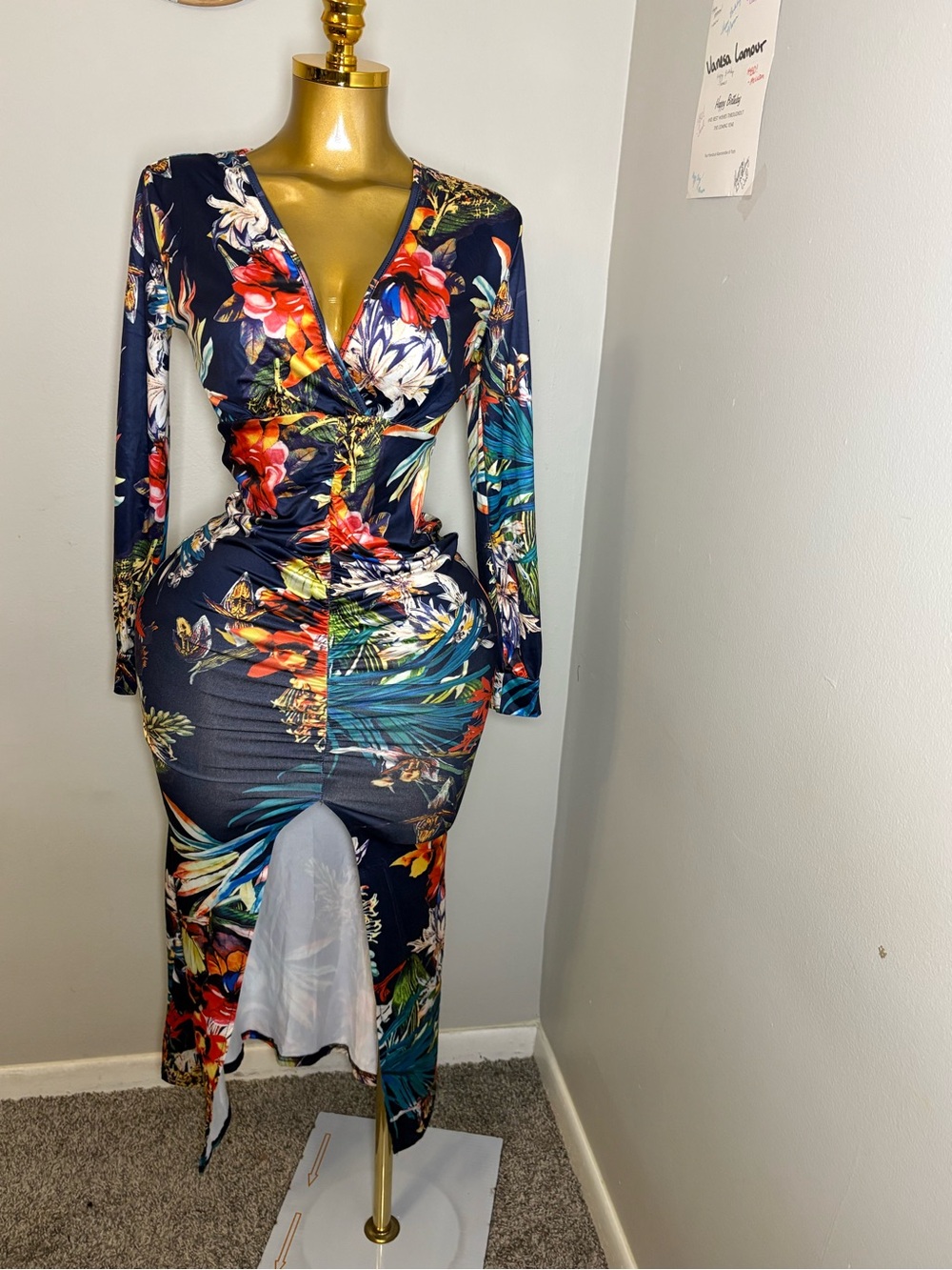 Navy Floral Wrap Midi Dress with Front Slit